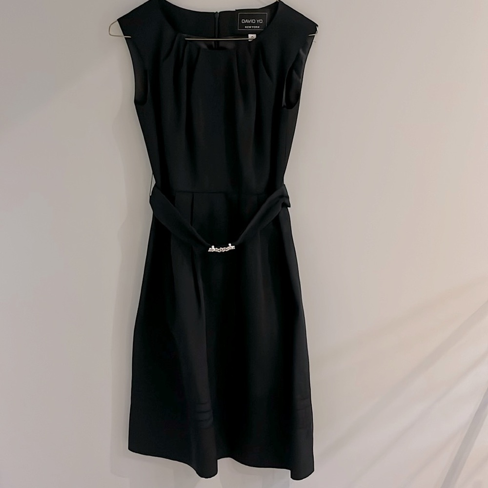 David Yo black cocktail dress with jewelled belt
